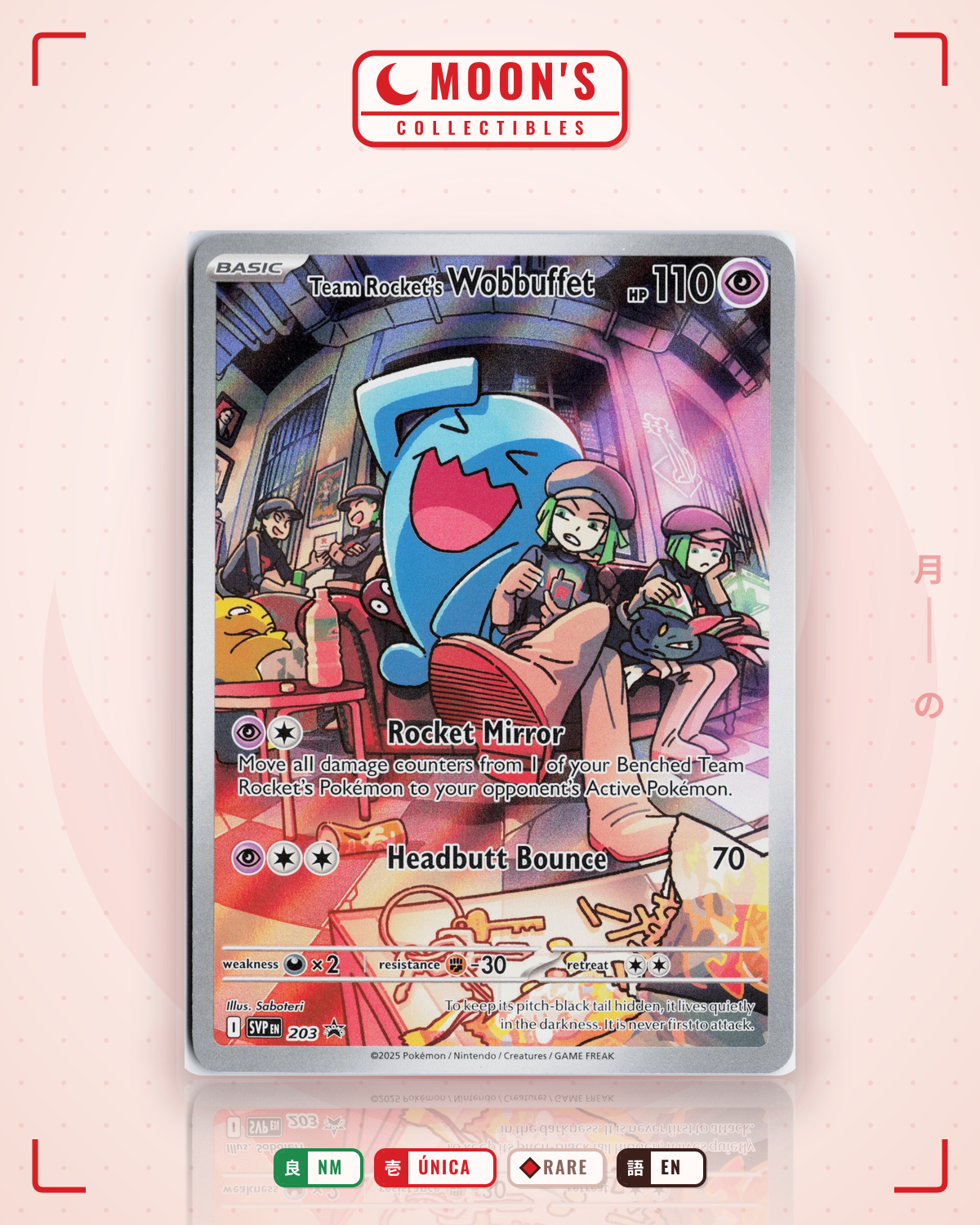 Carta Pokémon Team Rocket's Wobbuffet · Scarlet & Violet Black Star Promos #203 (NM) — pieza única en Moon's Collectibles México