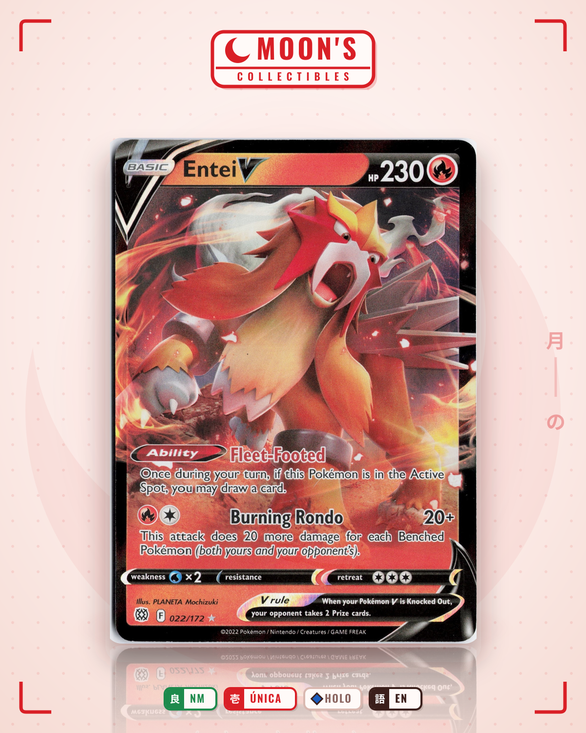 Carta Pokémon Entei V · Brilliant Stars #022/172 (NM) — pieza única en Moon's Collectibles México