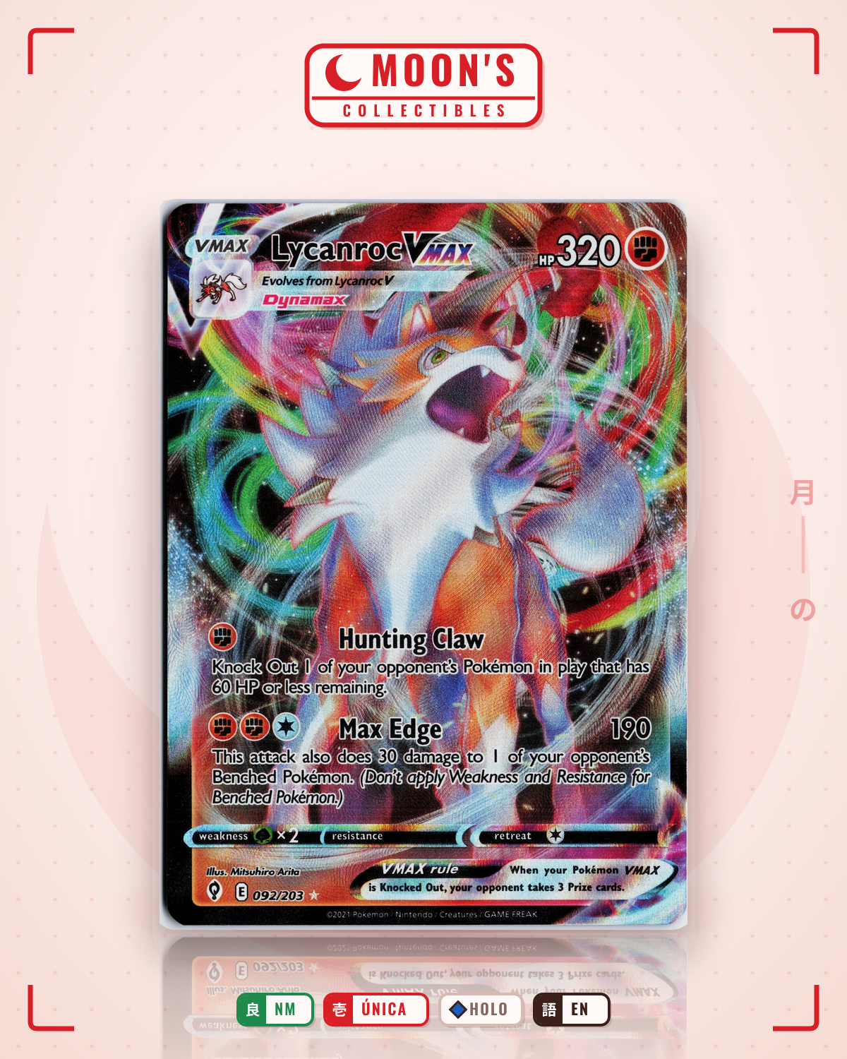 Carta Pokémon Lycanroc VMAX · Evolving Skies #092/203 (NM) — pieza única en Moon's Collectibles México