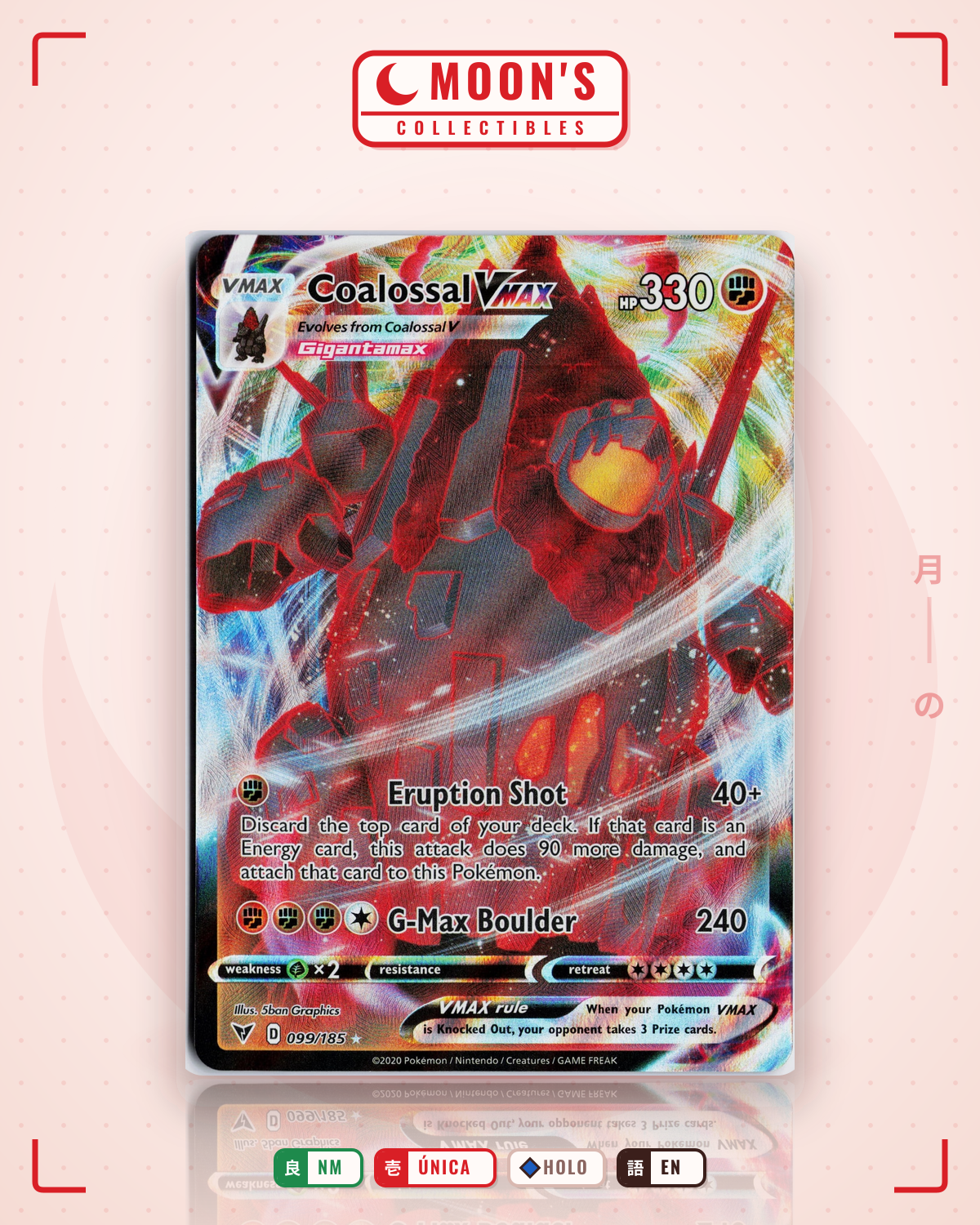 Carta Pokémon Coalossal VMAX · Vivid Voltage #099/185 (NM) — pieza única en Moon's Collectibles México