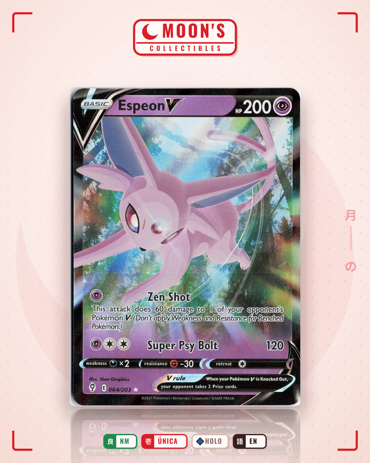 Carta Pokémon Espeon V · Evolving Skies #064/203 (NM) — pieza única en Moon's Collectibles México