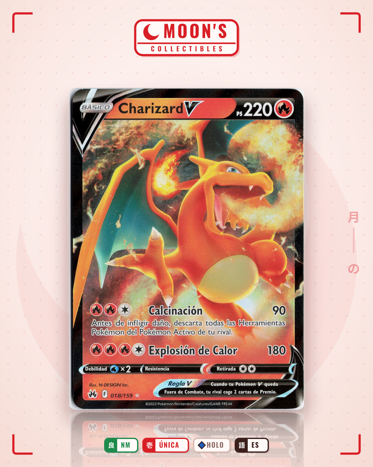 Carta Pokémon Charizard V · Crown Zenith #018/159 (NM) — pieza única en Moon's Collectibles México