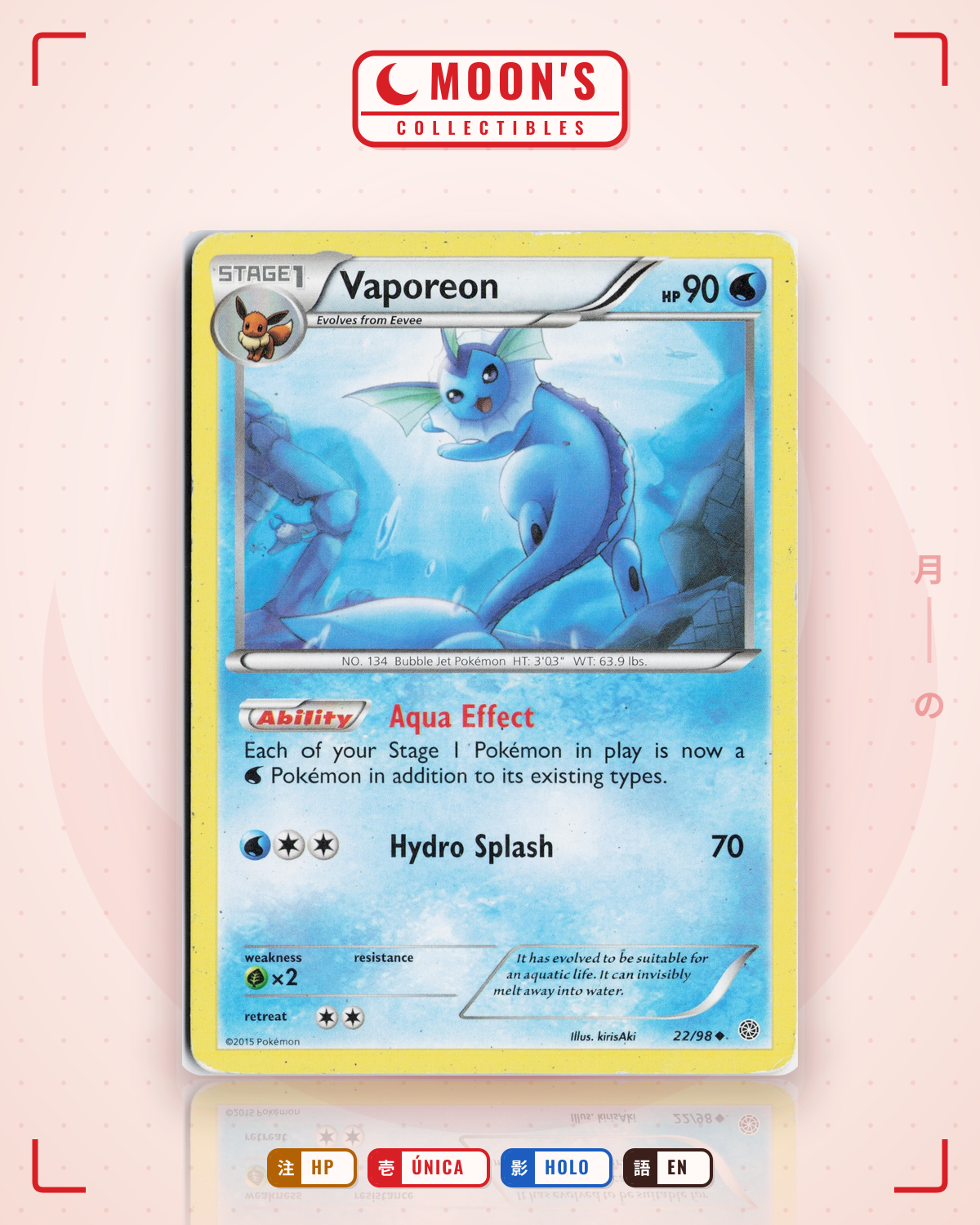 Carta Pokémon Vaporeon · Ancient Origins #22/98 (HP) — pieza única en Moon's Collectibles México