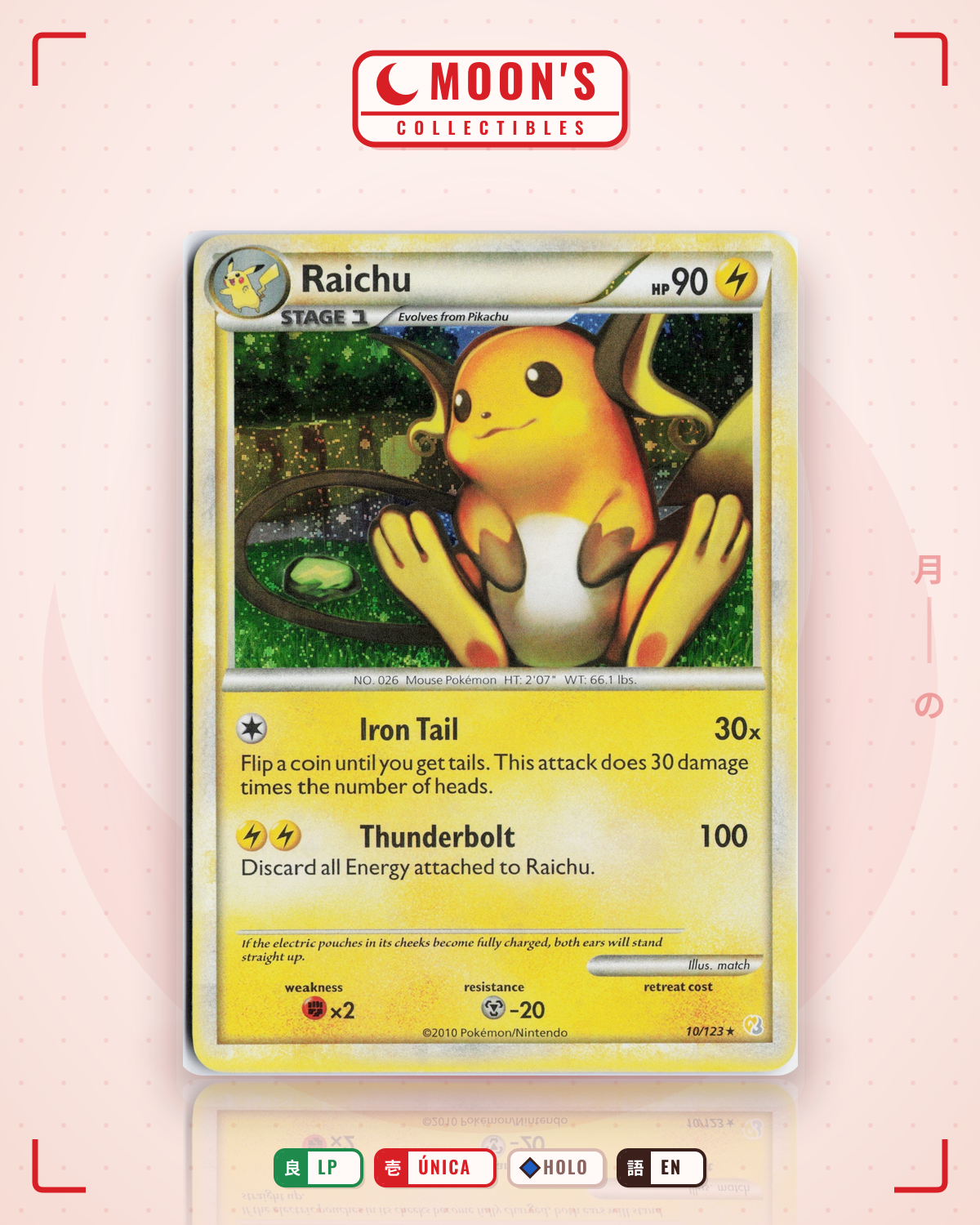 Carta Pokémon Raichu · HeartGold & SoulSilver #10/123 (LP) — pieza única en Moon's Collectibles México