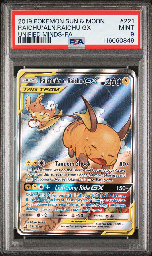 PSA 9 Raichu & Alolan Raichu GX (Alternate Full Art) 221/236